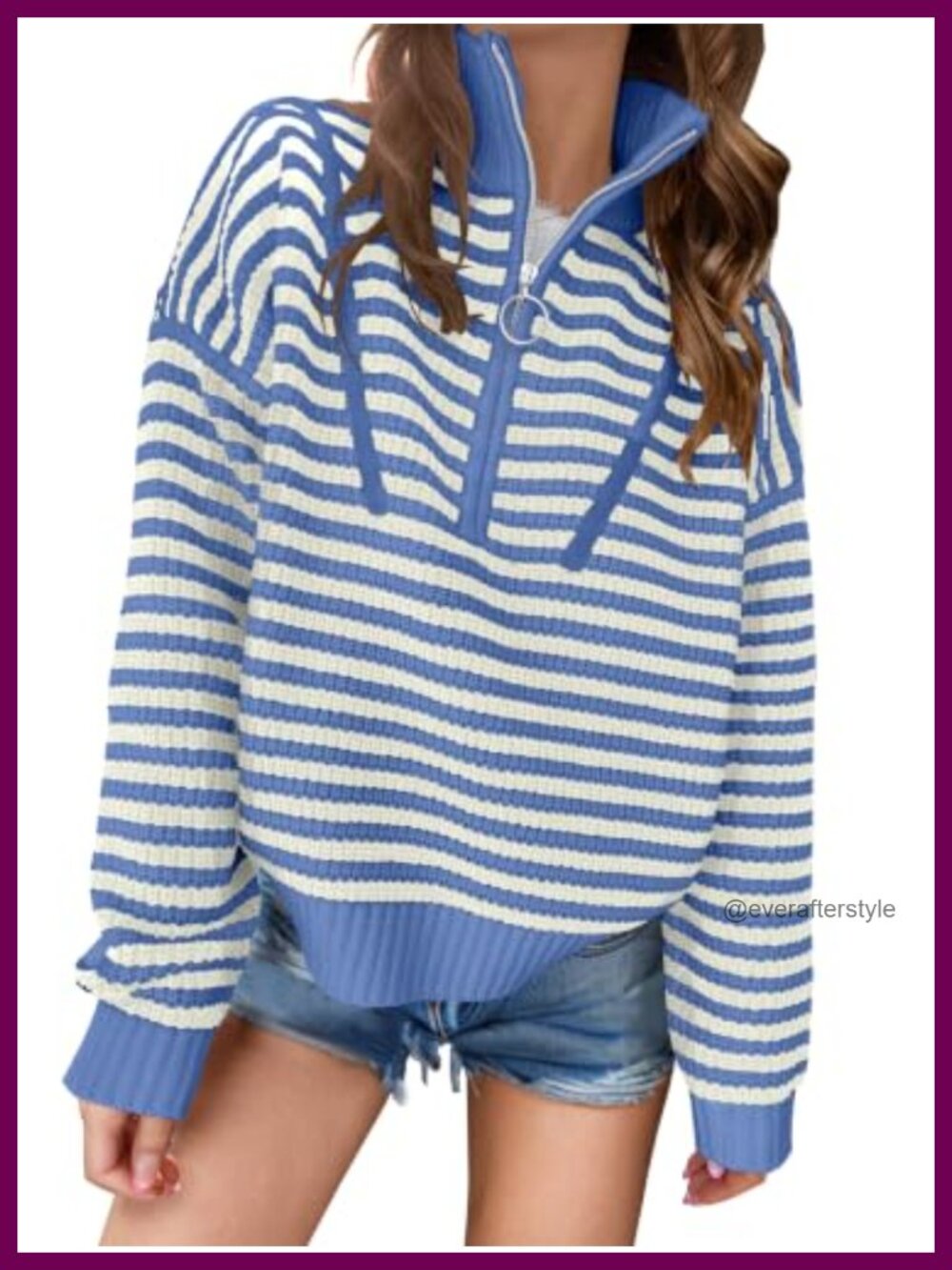 Striped Quarter Zip Mock Neck Knit Pullover Sweater Women